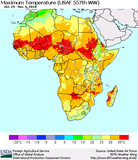 Africa Mean Maximum Temperature (USAF 557th WW) Thematic Map For 10/29/2018 - 11/4/2018