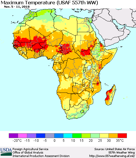 Africa Mean Maximum Temperature (USAF 557th WW) Thematic Map For 11/5/2018 - 11/11/2018