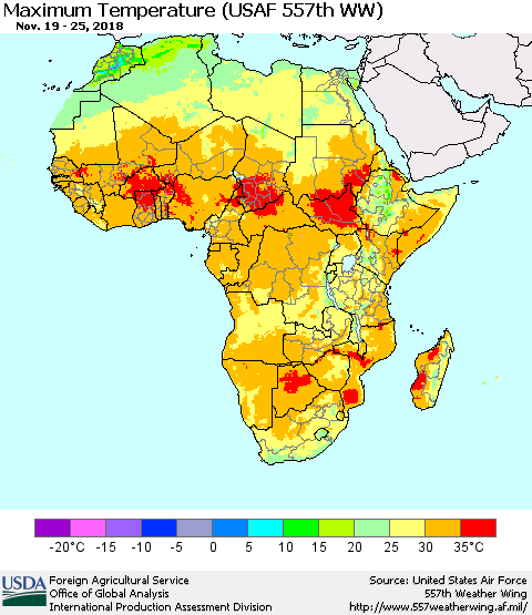 Africa Mean Maximum Temperature (USAF 557th WW) Thematic Map For 11/19/2018 - 11/25/2018