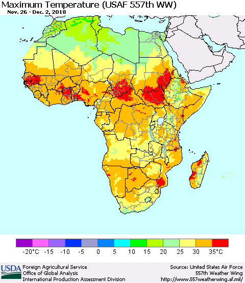 Africa Mean Maximum Temperature (USAF 557th WW) Thematic Map For 11/26/2018 - 12/2/2018