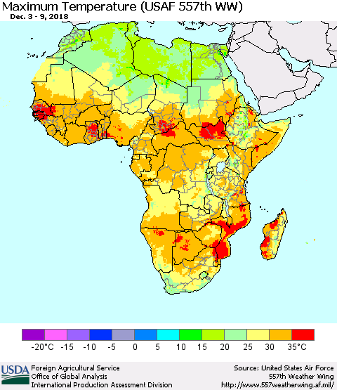 Africa Mean Maximum Temperature (USAF 557th WW) Thematic Map For 12/3/2018 - 12/9/2018