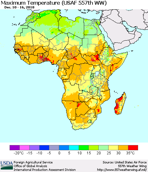 Africa Mean Maximum Temperature (USAF 557th WW) Thematic Map For 12/10/2018 - 12/16/2018