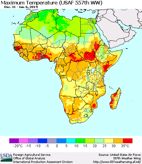 Africa Mean Maximum Temperature (USAF 557th WW) Thematic Map For 12/31/2018 - 1/6/2019