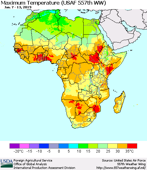 Africa Mean Maximum Temperature (USAF 557th WW) Thematic Map For 1/7/2019 - 1/13/2019