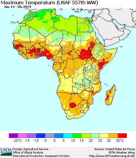 Africa Mean Maximum Temperature (USAF 557th WW) Thematic Map For 1/14/2019 - 1/20/2019