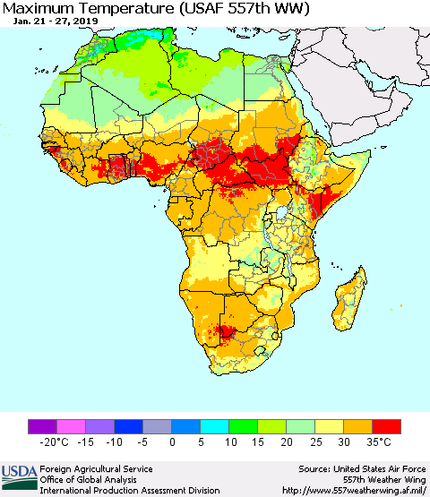 Africa Mean Maximum Temperature (USAF 557th WW) Thematic Map For 1/21/2019 - 1/27/2019