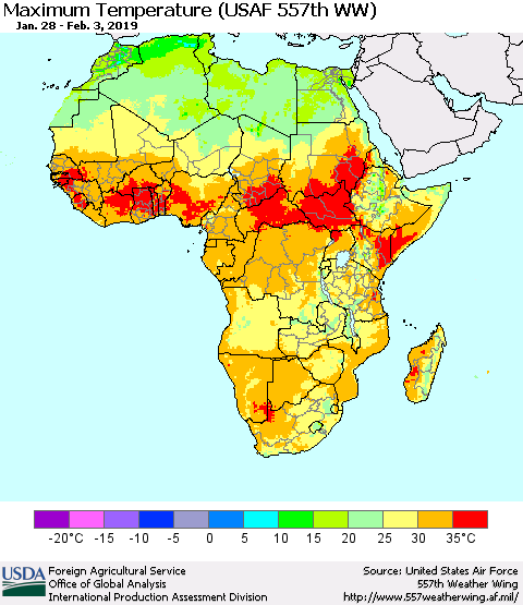 Africa Mean Maximum Temperature (USAF 557th WW) Thematic Map For 1/28/2019 - 2/3/2019