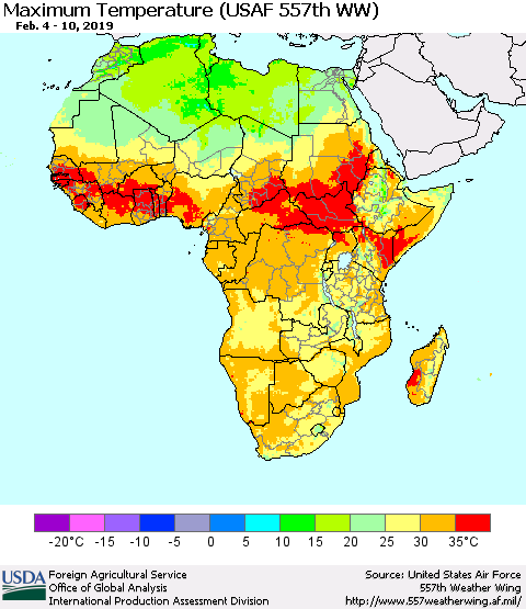 Africa Mean Maximum Temperature (USAF 557th WW) Thematic Map For 2/4/2019 - 2/10/2019