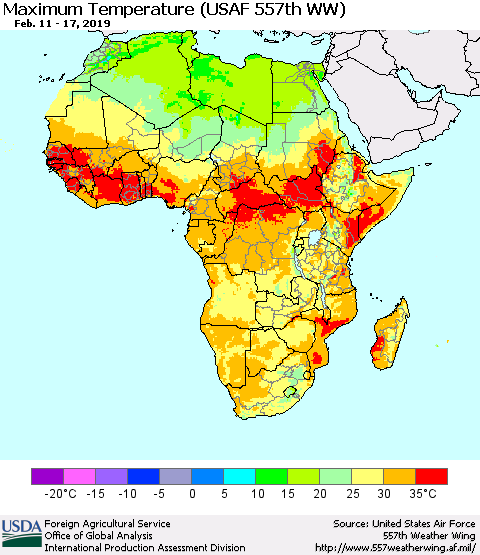 Africa Mean Maximum Temperature (USAF 557th WW) Thematic Map For 2/11/2019 - 2/17/2019