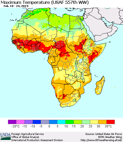 Africa Mean Maximum Temperature (USAF 557th WW) Thematic Map For 2/18/2019 - 2/24/2019