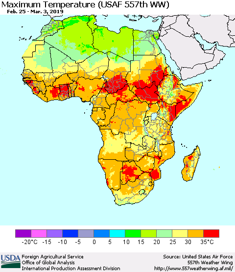 Africa Mean Maximum Temperature (USAF 557th WW) Thematic Map For 2/25/2019 - 3/3/2019
