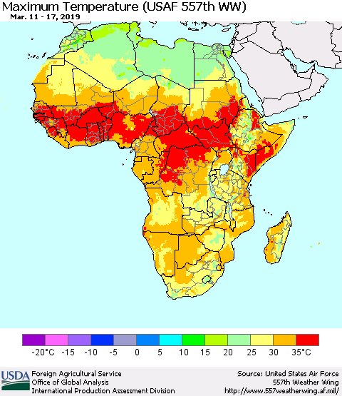 Africa Mean Maximum Temperature (USAF 557th WW) Thematic Map For 3/11/2019 - 3/17/2019