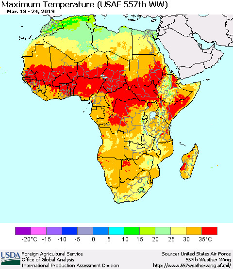 Africa Mean Maximum Temperature (USAF 557th WW) Thematic Map For 3/18/2019 - 3/24/2019
