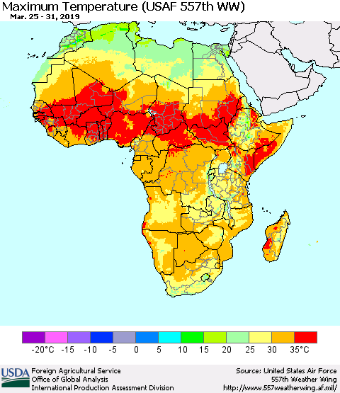 Africa Mean Maximum Temperature (USAF 557th WW) Thematic Map For 3/25/2019 - 3/31/2019