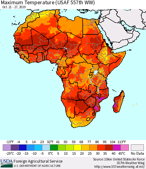Africa Mean Maximum Temperature (USAF 557th WW) Thematic Map For 10/21/2019 - 10/27/2019