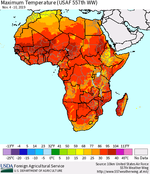 Africa Mean Maximum Temperature (USAF 557th WW) Thematic Map For 11/4/2019 - 11/10/2019