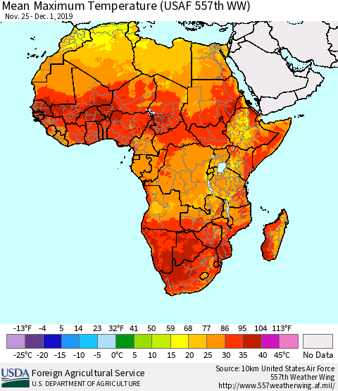 Africa Mean Maximum Temperature (USAF 557th WW) Thematic Map For 11/25/2019 - 12/1/2019