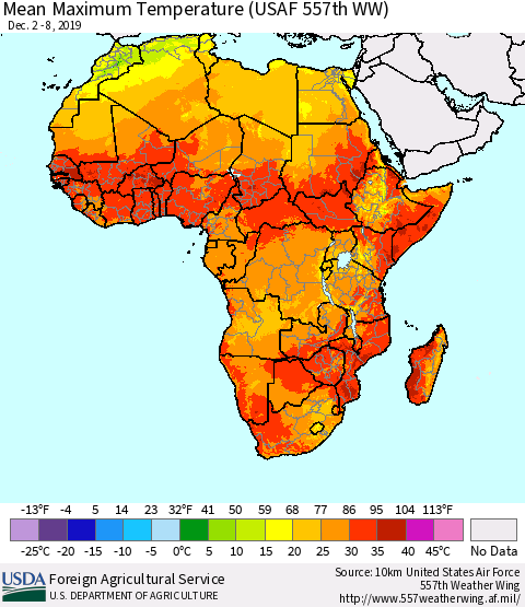 Africa Mean Maximum Temperature (USAF 557th WW) Thematic Map For 12/2/2019 - 12/8/2019
