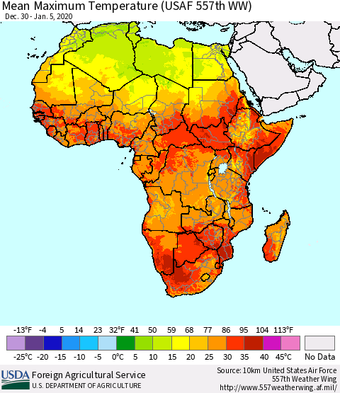 Africa Mean Maximum Temperature (USAF 557th WW) Thematic Map For 12/30/2019 - 1/5/2020