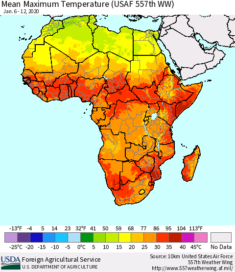 Africa Mean Maximum Temperature (USAF 557th WW) Thematic Map For 1/6/2020 - 1/12/2020
