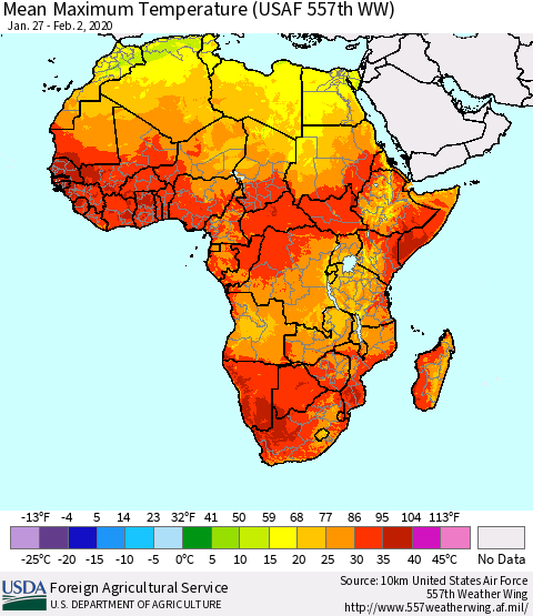 Africa Mean Maximum Temperature (USAF 557th WW) Thematic Map For 1/27/2020 - 2/2/2020