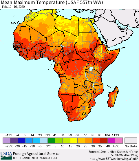 Africa Mean Maximum Temperature (USAF 557th WW) Thematic Map For 2/10/2020 - 2/16/2020