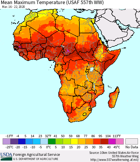 Africa Mean Maximum Temperature (USAF 557th WW) Thematic Map For 3/16/2020 - 3/22/2020