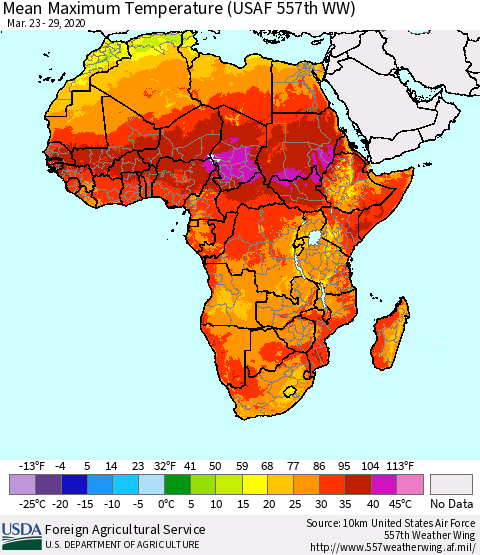 Africa Mean Maximum Temperature (USAF 557th WW) Thematic Map For 3/23/2020 - 3/29/2020