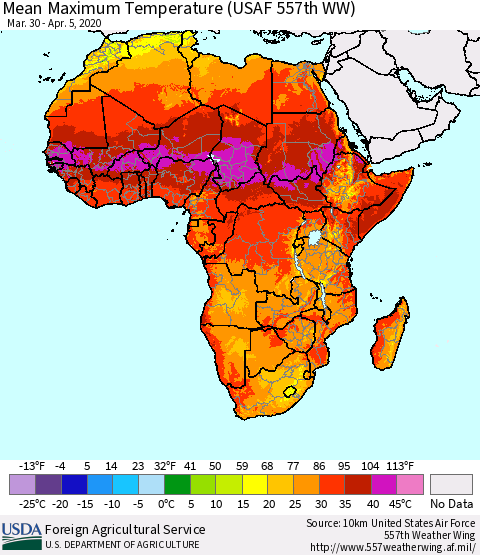 Africa Mean Maximum Temperature (USAF 557th WW) Thematic Map For 3/30/2020 - 4/5/2020