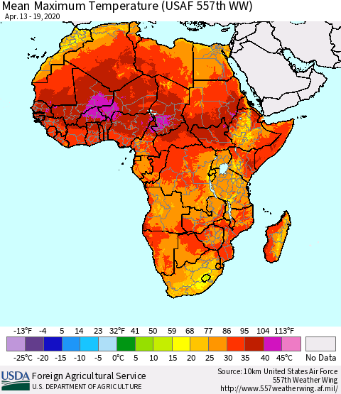 Africa Mean Maximum Temperature (USAF 557th WW) Thematic Map For 4/13/2020 - 4/19/2020