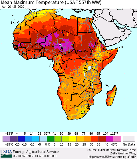 Africa Mean Maximum Temperature (USAF 557th WW) Thematic Map For 4/20/2020 - 4/26/2020