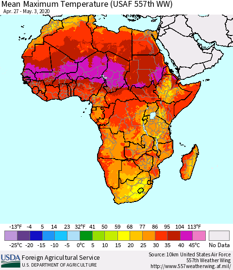 Africa Mean Maximum Temperature (USAF 557th WW) Thematic Map For 4/27/2020 - 5/3/2020