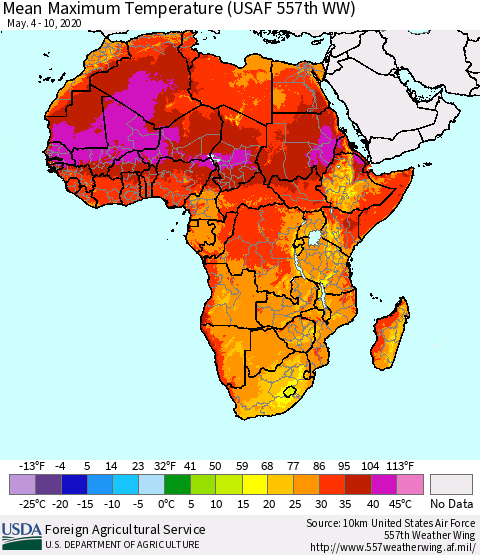 Africa Mean Maximum Temperature (USAF 557th WW) Thematic Map For 5/4/2020 - 5/10/2020
