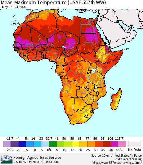 Africa Mean Maximum Temperature (USAF 557th WW) Thematic Map For 5/18/2020 - 5/24/2020