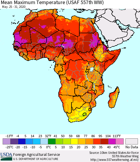Africa Mean Maximum Temperature (USAF 557th WW) Thematic Map For 5/25/2020 - 5/31/2020