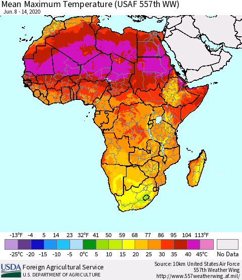 Africa Mean Maximum Temperature (USAF 557th WW) Thematic Map For 6/8/2020 - 6/14/2020