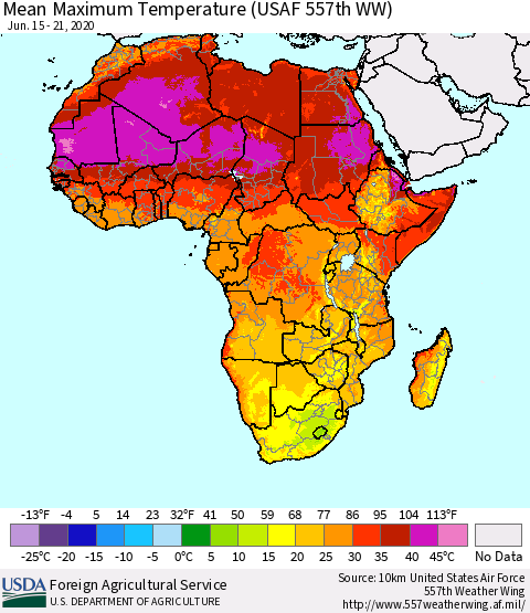 Africa Mean Maximum Temperature (USAF 557th WW) Thematic Map For 6/15/2020 - 6/21/2020