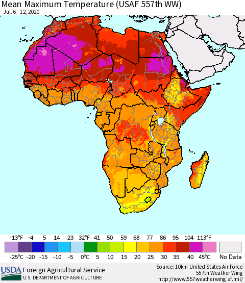 Africa Mean Maximum Temperature (USAF 557th WW) Thematic Map For 7/6/2020 - 7/12/2020