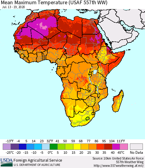Africa Mean Maximum Temperature (USAF 557th WW) Thematic Map For 7/13/2020 - 7/19/2020