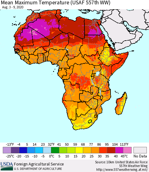 Africa Mean Maximum Temperature (USAF 557th WW) Thematic Map For 8/3/2020 - 8/9/2020