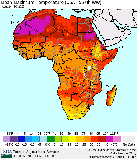 Africa Mean Maximum Temperature (USAF 557th WW) Thematic Map For 8/24/2020 - 8/30/2020
