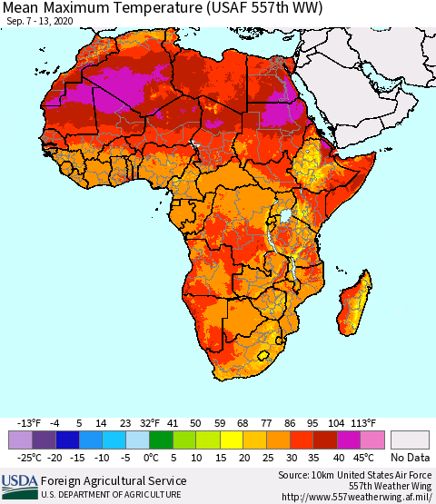 Africa Mean Maximum Temperature (USAF 557th WW) Thematic Map For 9/7/2020 - 9/13/2020