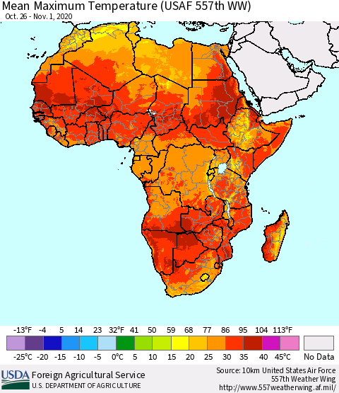 Africa Maximum Temperature (USAF 557th WW) Thematic Map For 10/26/2020 - 11/1/2020
