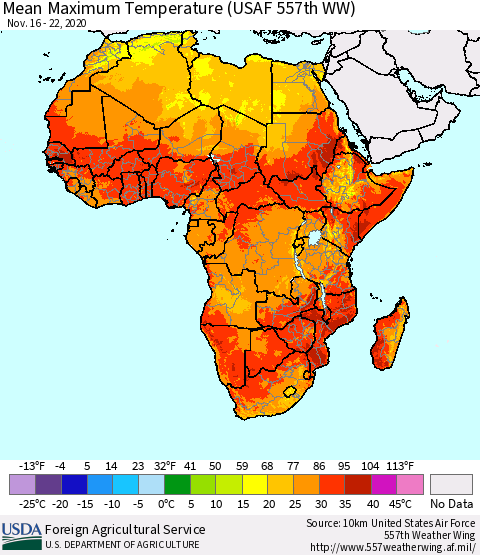 Africa Maximum Temperature (USAF 557th WW) Thematic Map For 11/16/2020 - 11/22/2020