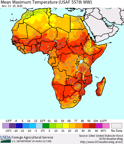 Africa Maximum Temperature (USAF 557th WW) Thematic Map For 11/23/2020 - 11/29/2020