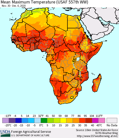 Africa Maximum Temperature (USAF 557th WW) Thematic Map For 11/30/2020 - 12/6/2020
