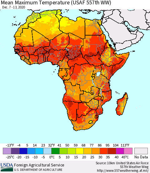 Africa Maximum Temperature (USAF 557th WW) Thematic Map For 12/7/2020 - 12/13/2020