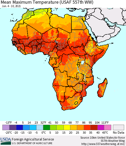 Africa Maximum Temperature (USAF 557th WW) Thematic Map For 1/4/2021 - 1/10/2021