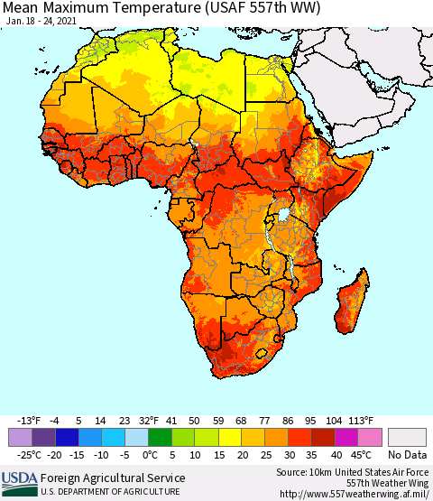 Africa Maximum Temperature (USAF 557th WW) Thematic Map For 1/18/2021 - 1/24/2021