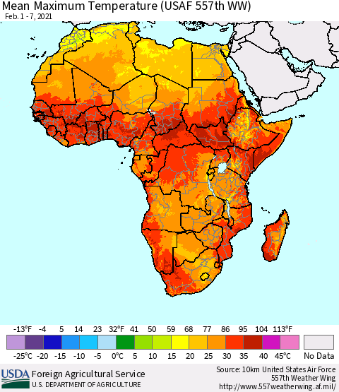 Africa Maximum Temperature (USAF 557th WW) Thematic Map For 2/1/2021 - 2/7/2021